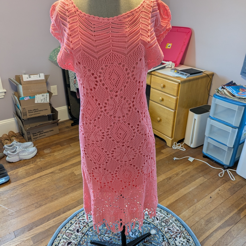 Lilly Pulitzer Coral Colored Crocheted Designer Dress, Size L.